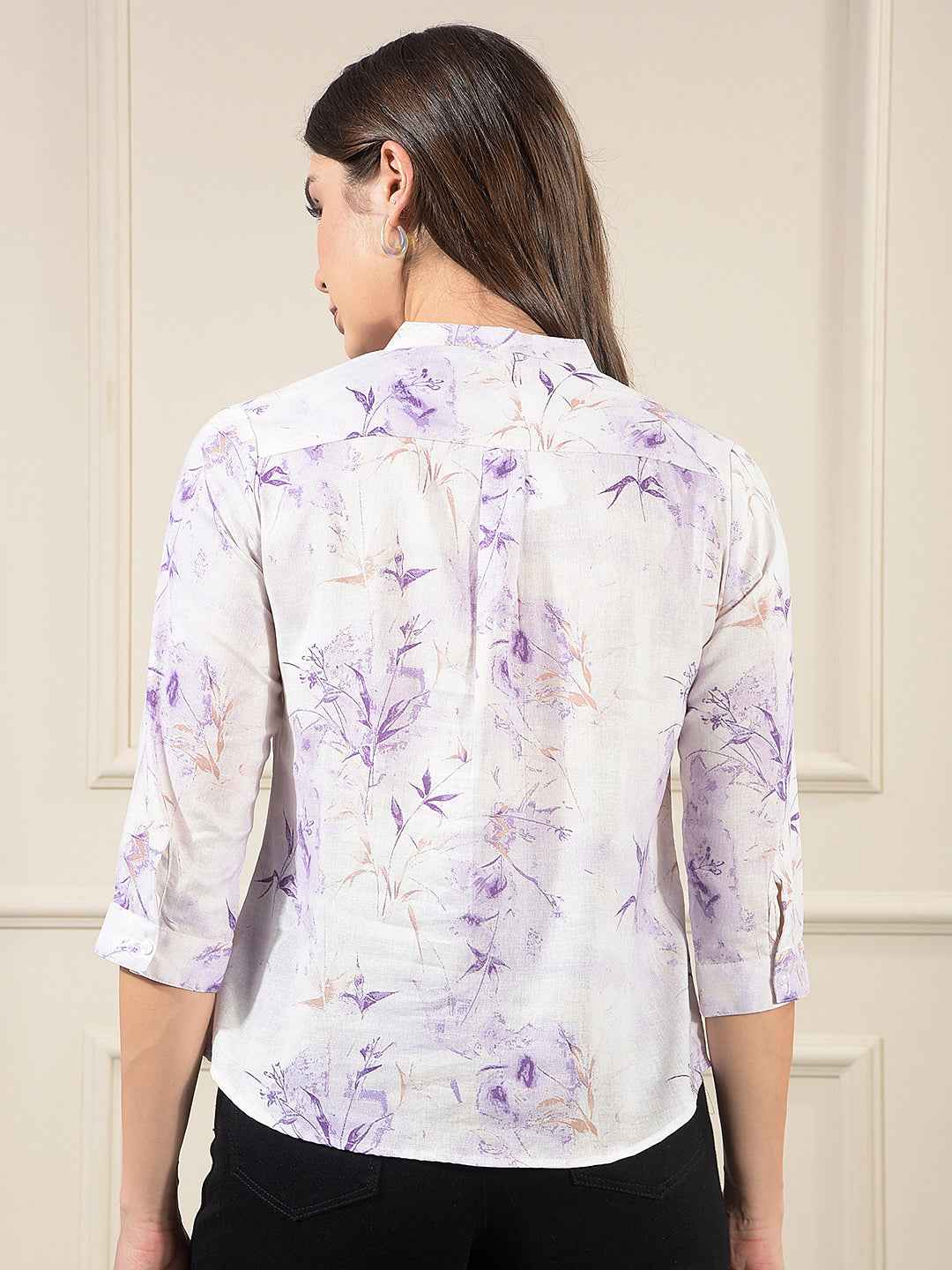 Purple Linen Round Neck Floral Printed Top