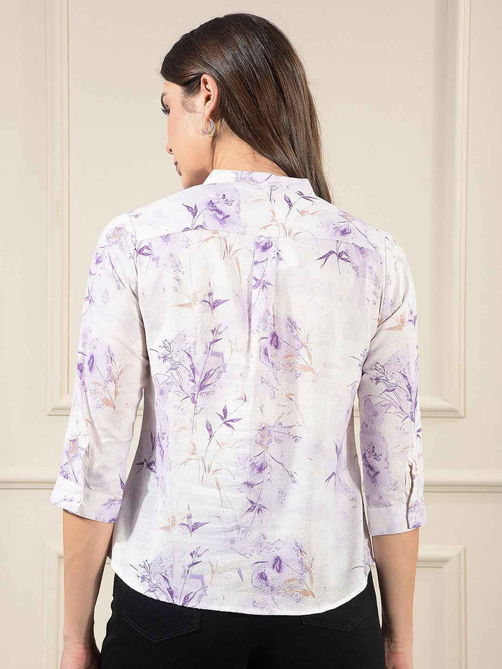 Purple Linen Round Neck Floral Printed Top