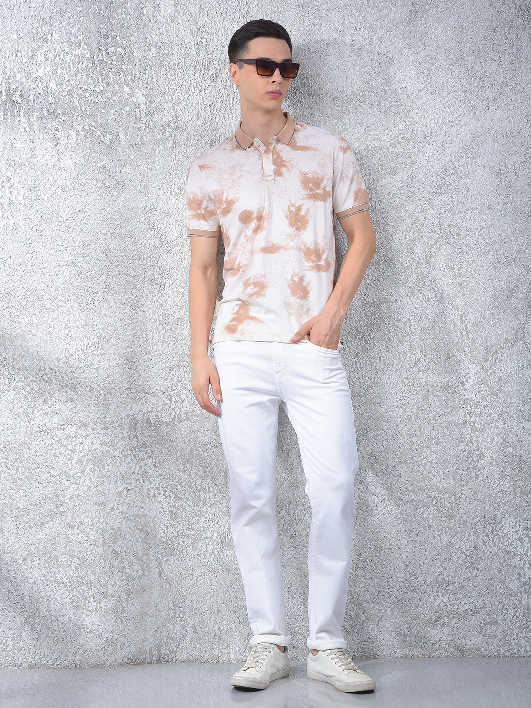 Brown Abstract Print Polo Neck T-Shirt