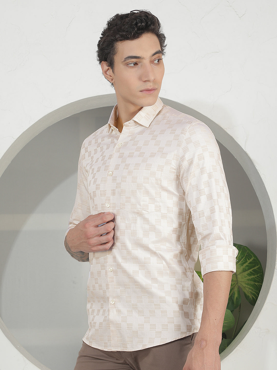 Beige Checked 100% Cotton Shirt