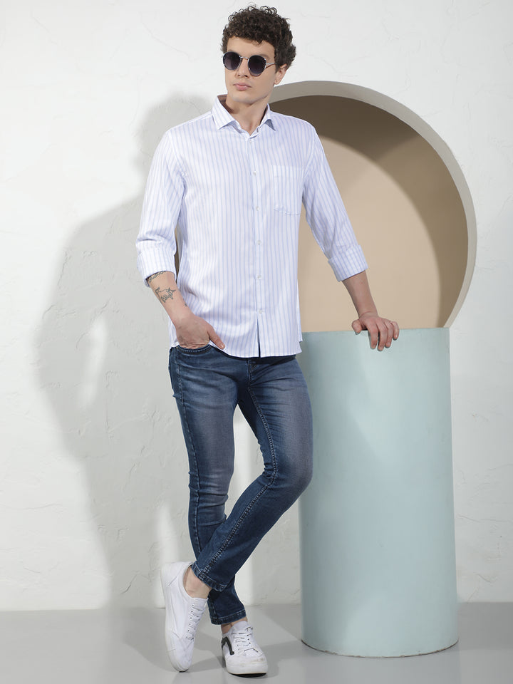 Blue Vertical Striped 100% Cotton Shirt