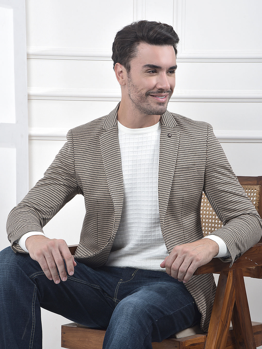 Brown Jacquard Single-Breasted Blazer