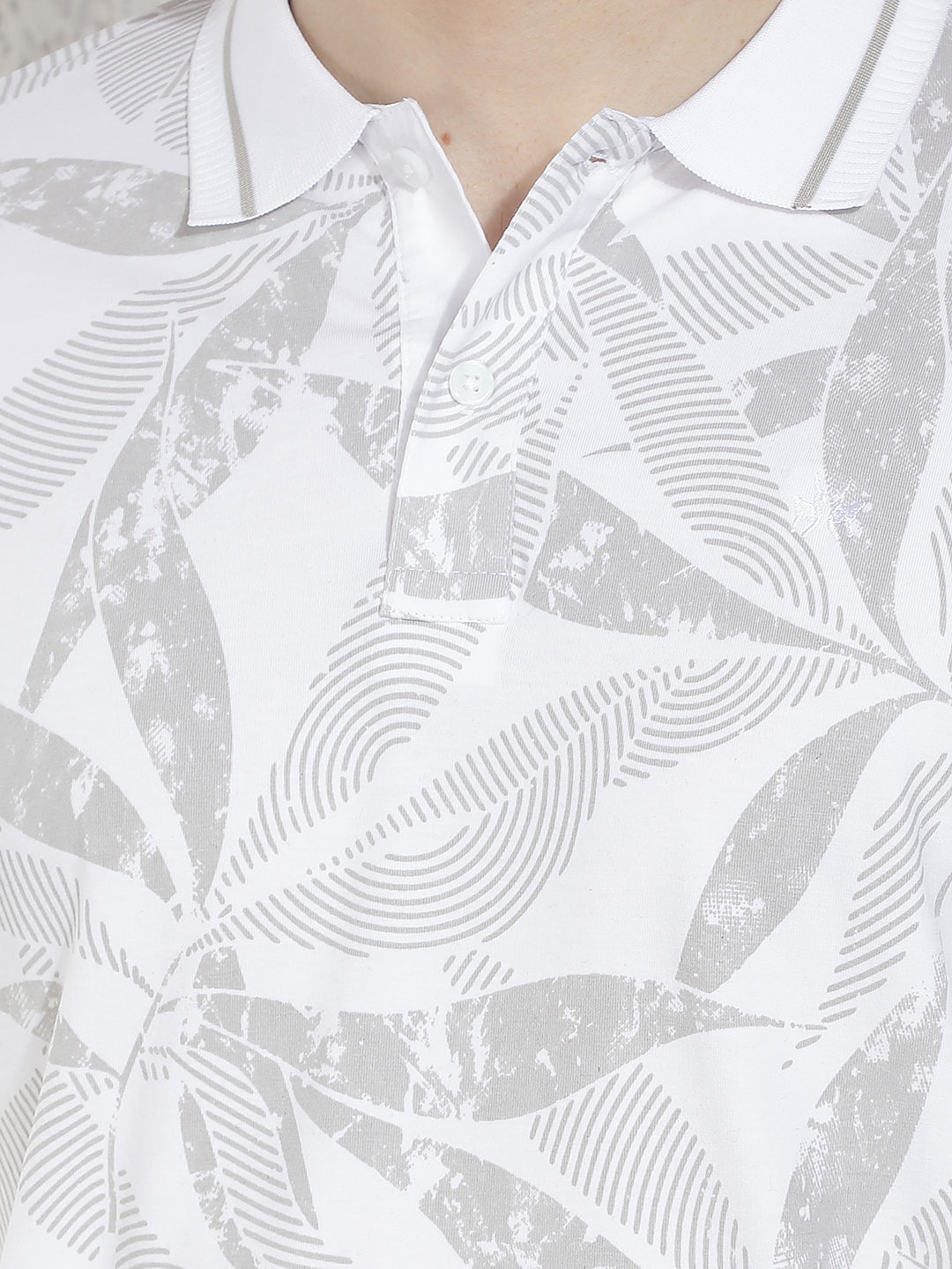 White Floral Print Polo Neck T-Shirt