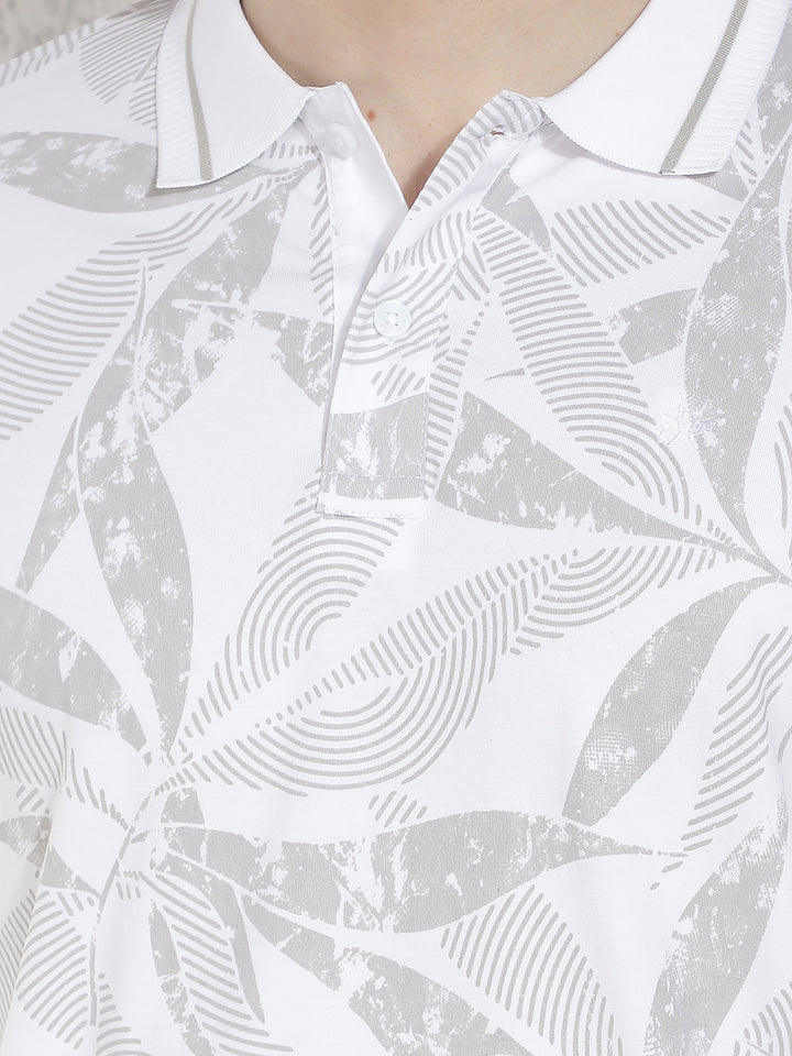 White Floral Print Polo Neck T-Shirt