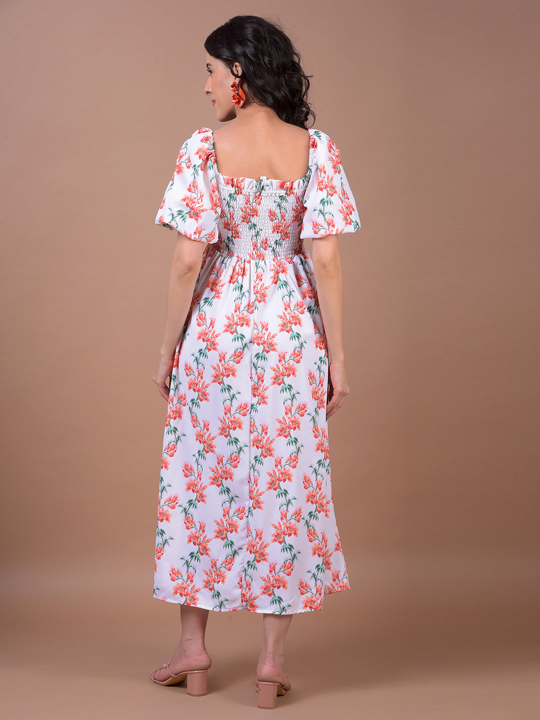 White Floral Print Square Neck A-Line Dress