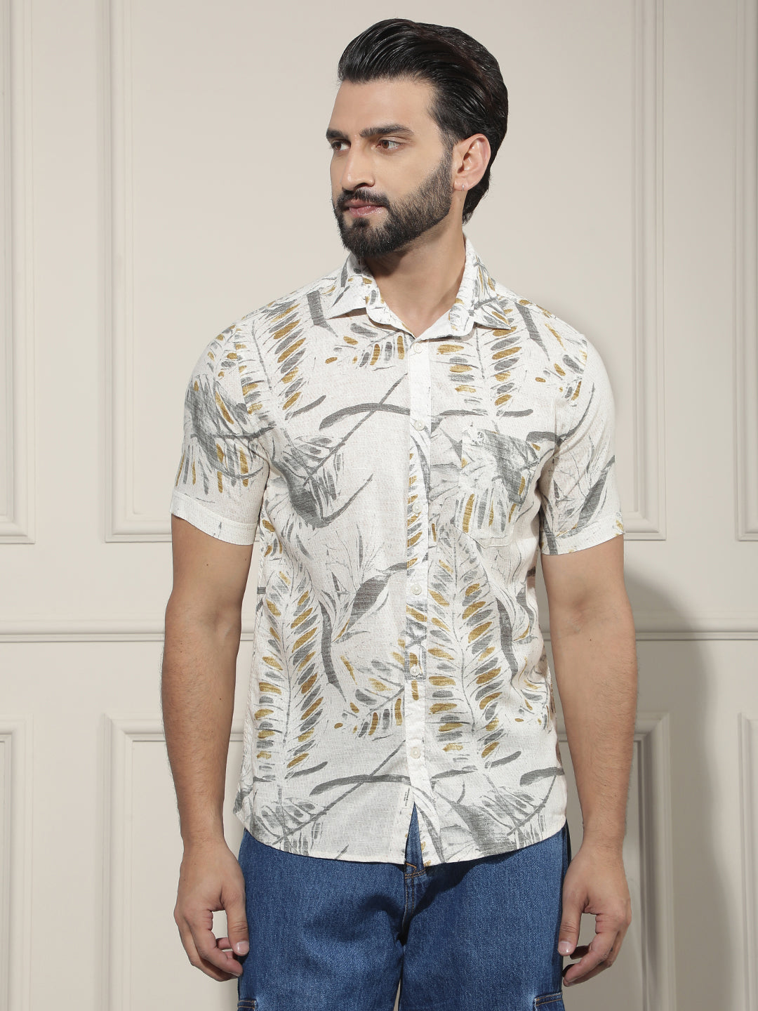Grey Floral Print Linen Shirt