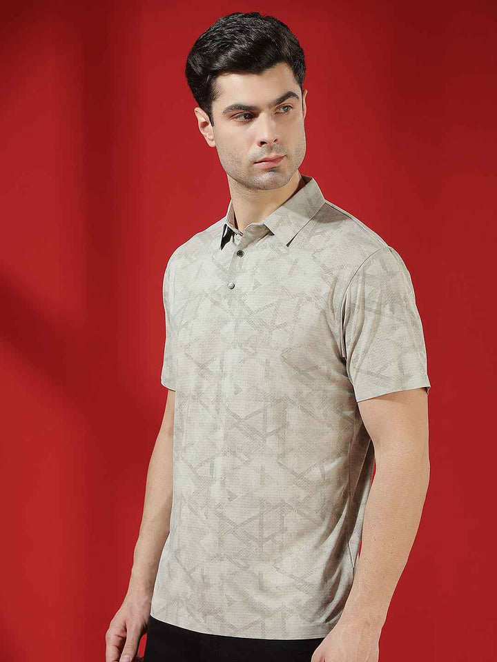 Beige Abstract Print Polo T-Shirt