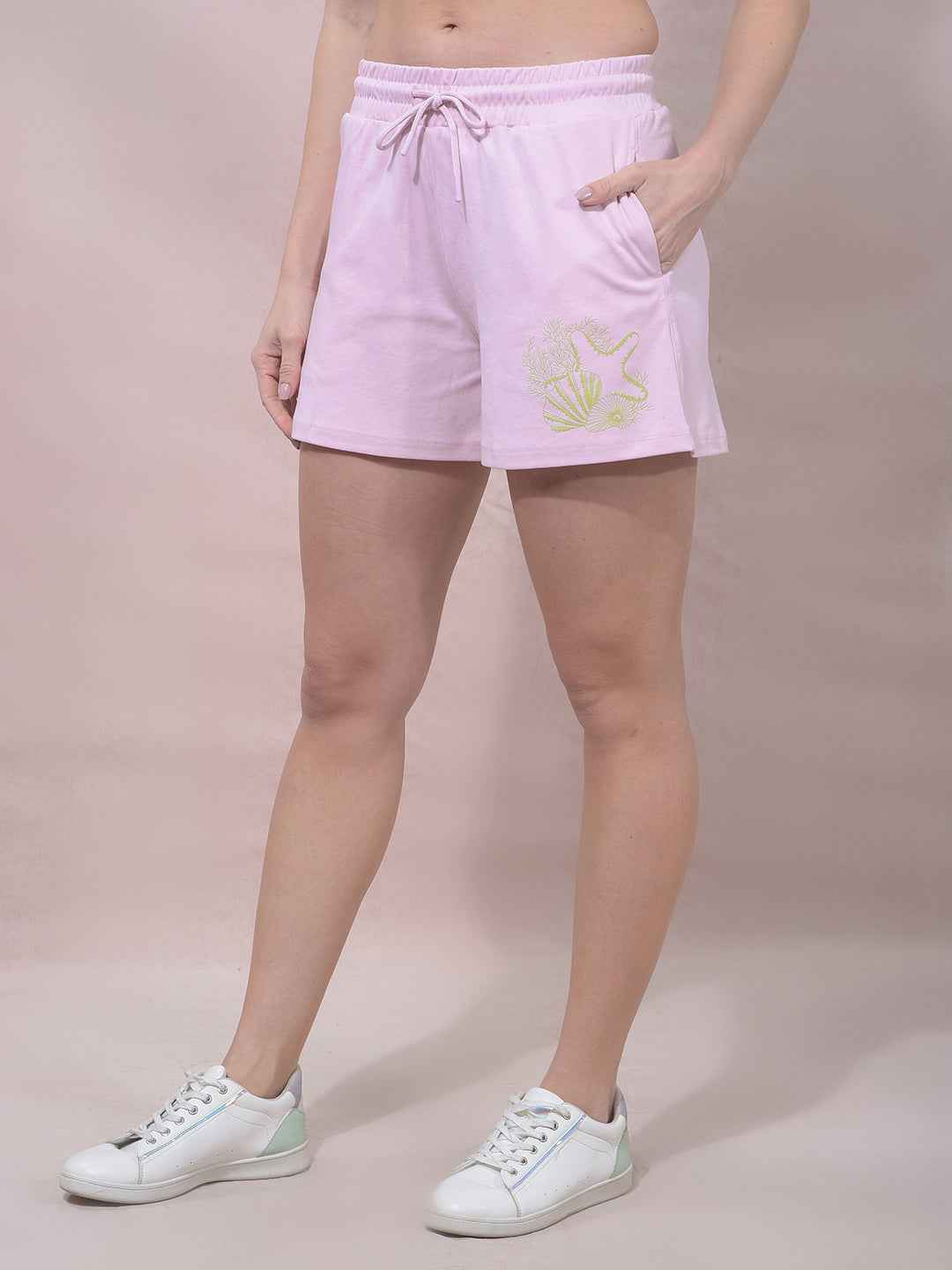 Pink Embellished Mid-Thigh Length Shorts