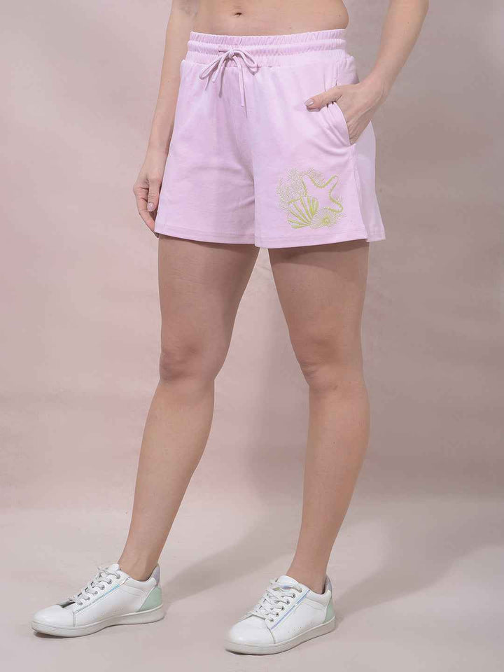 Pink Embellished Mid-Thigh Length Shorts