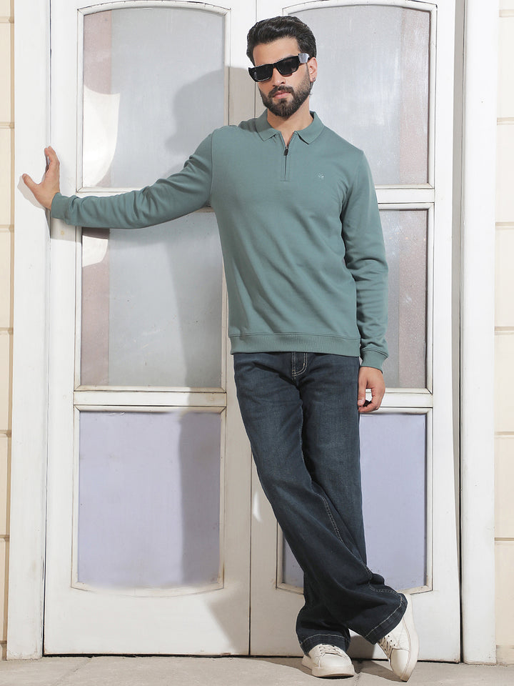 Green Polo Neck Front Open Sweatshirt
