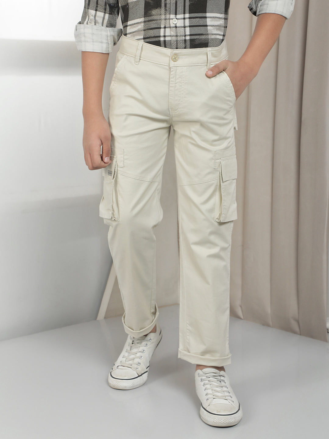 Beige Cotton Straight Stretchable Cargo Trousers