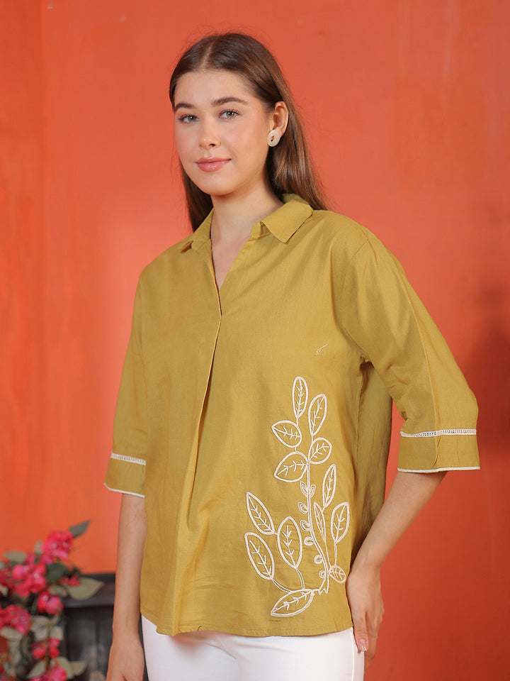 Cotton Mustard Embroidered Longline Top