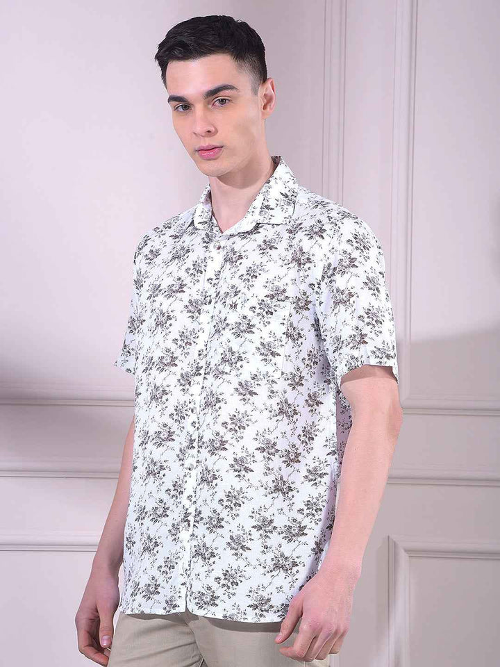 White Linen Floral Print Shirt