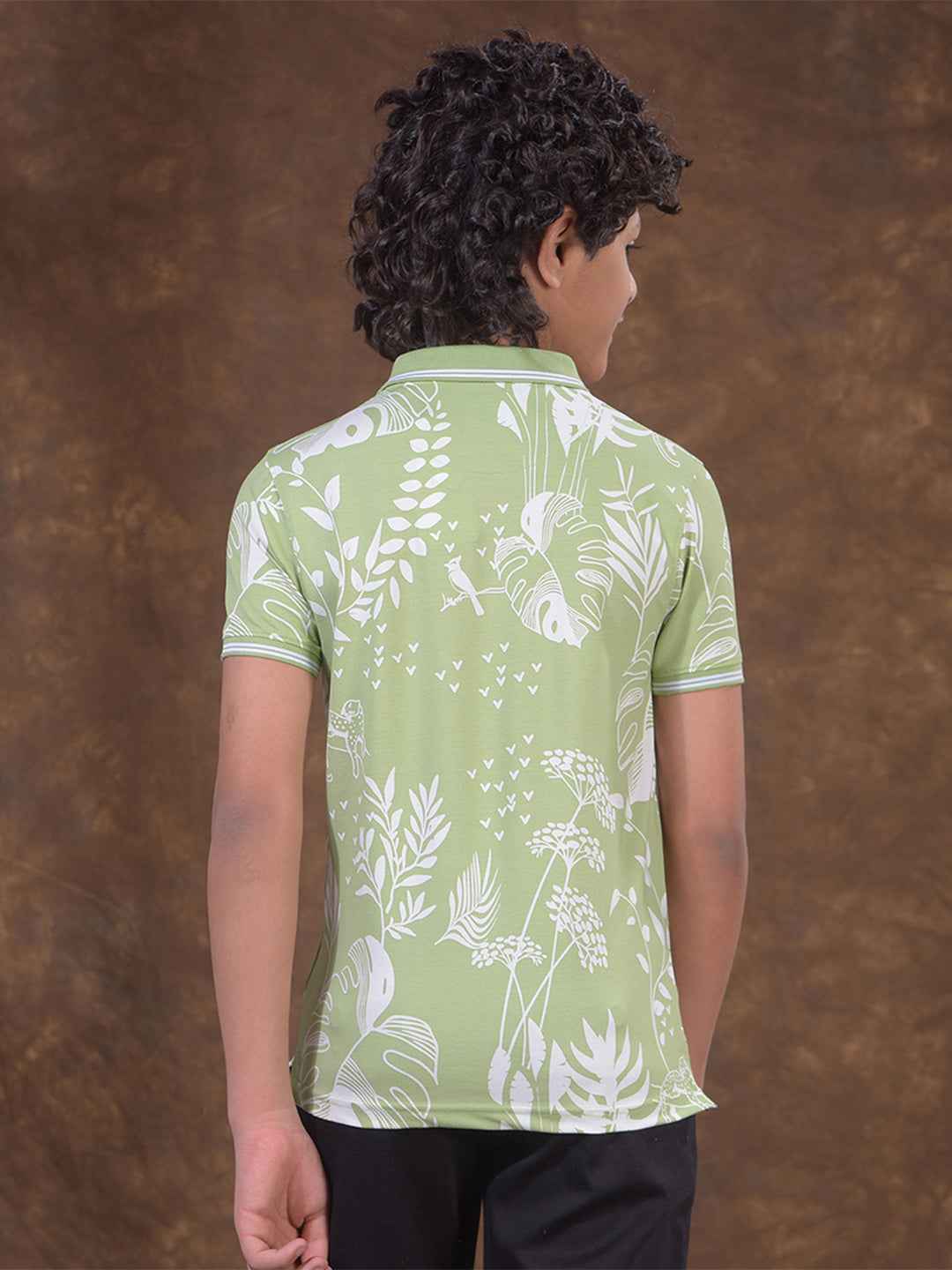 Green Floral Print Polo Neck T-Shirt