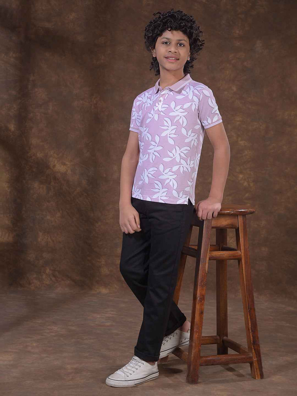 Purple Floral Print Polo Neck T-Shirt