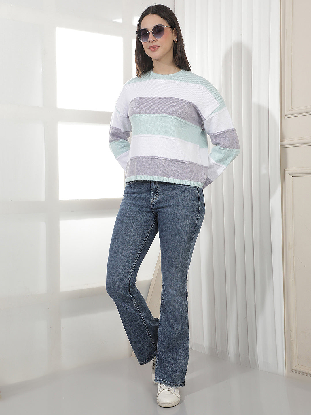 Blue Horizontal Stripes Acrylic Sweater
