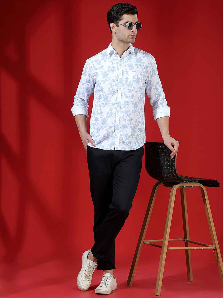 Blue Floral Print 100% Cotton Shirt