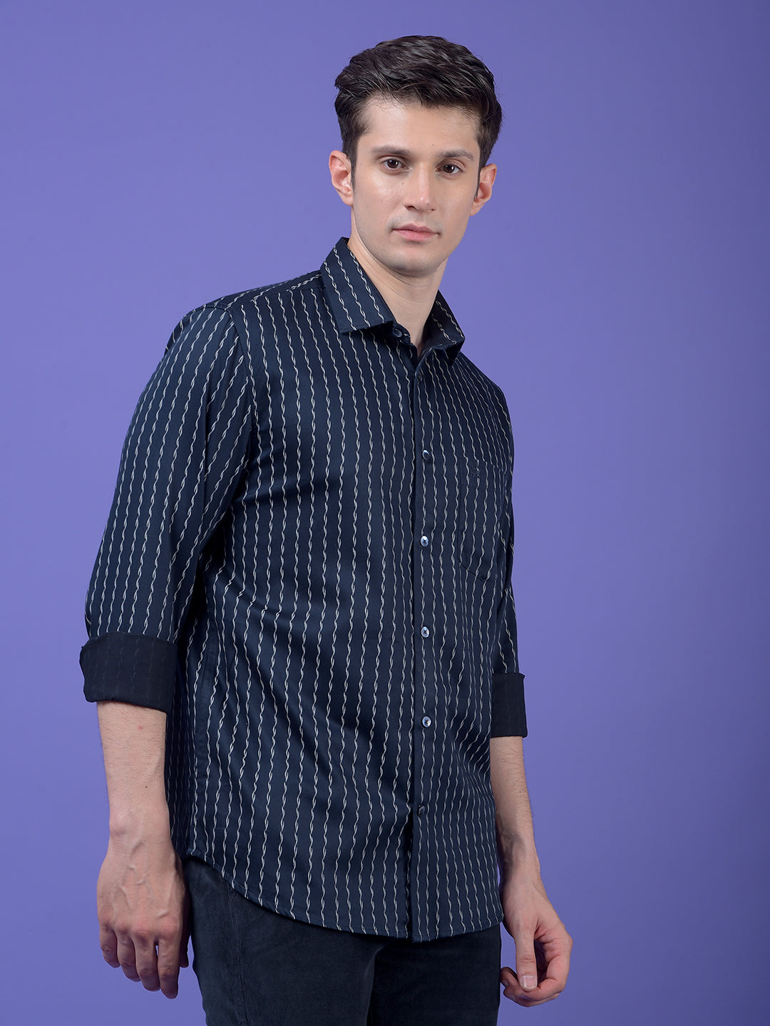 Navy Blue Vertical Stripes Shirt