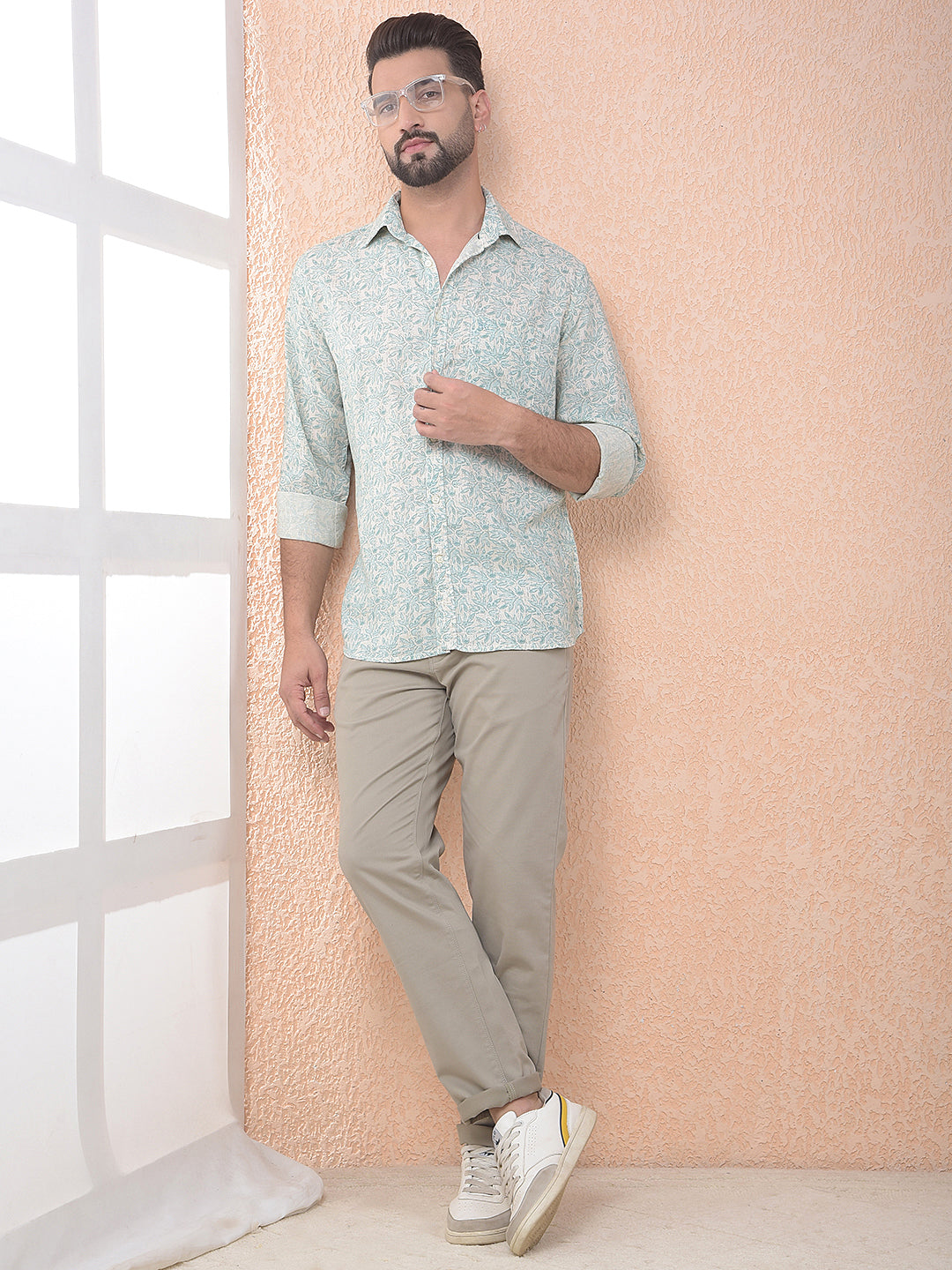 Green Floral Print Linen Shirt