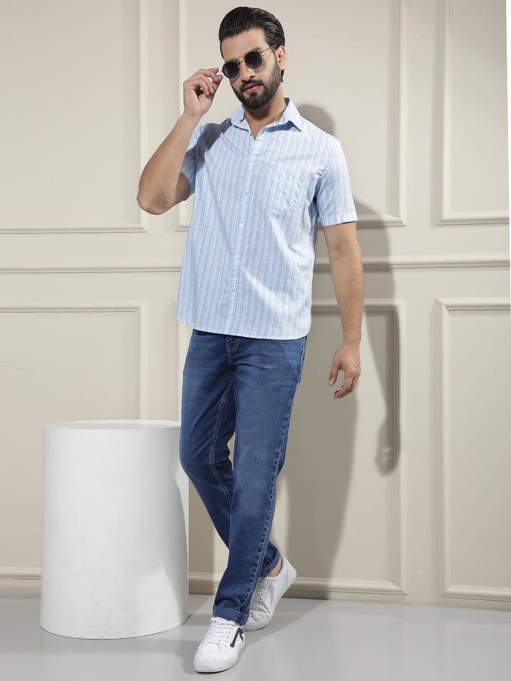 Blue Vertical Striped 100% Cotton Shirt