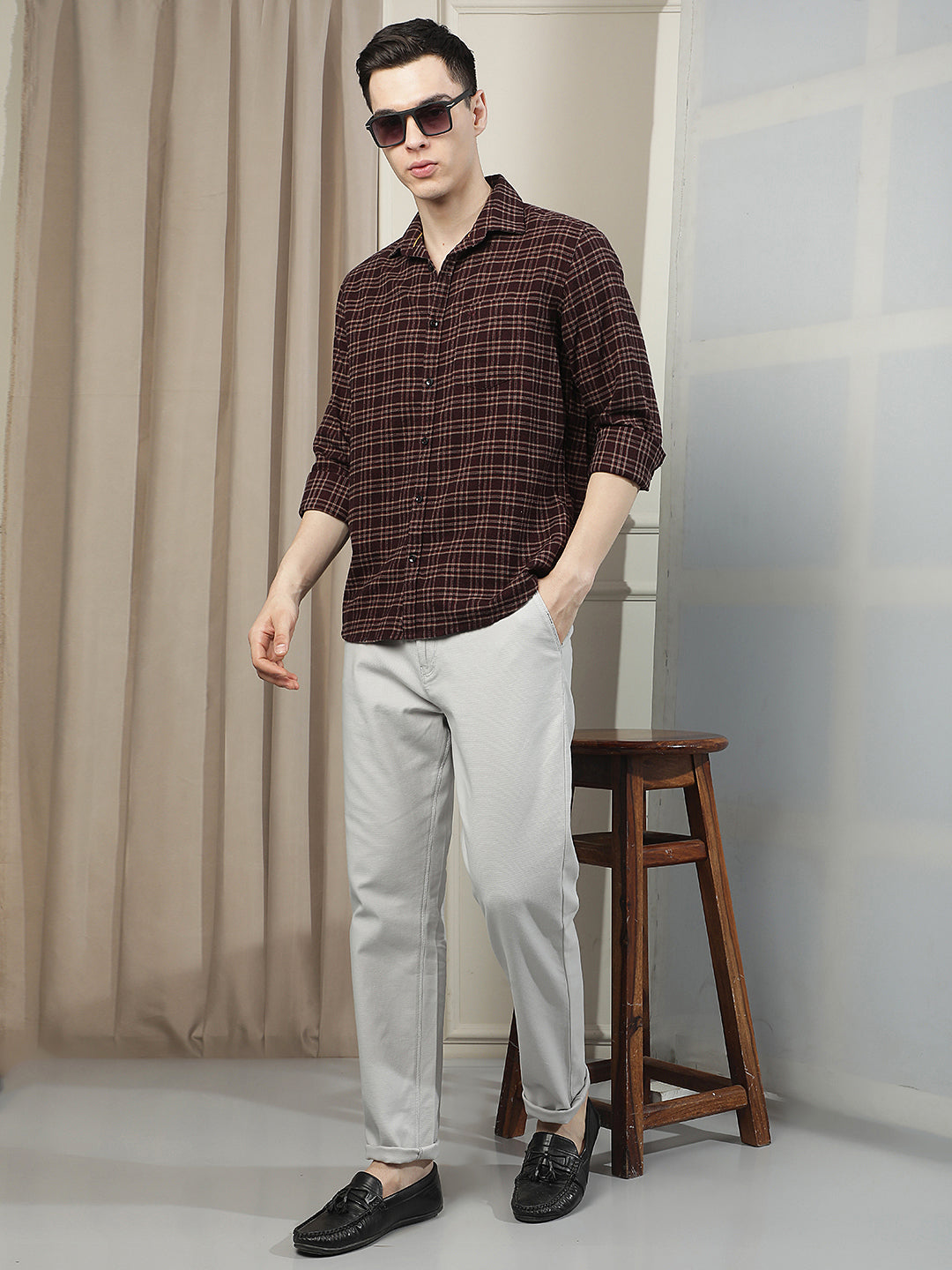 Grey Cotton Stretchable Dobby Trousers