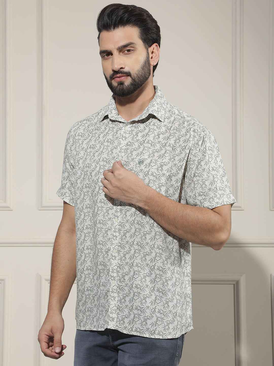 Green Floral Print Linen Shirt