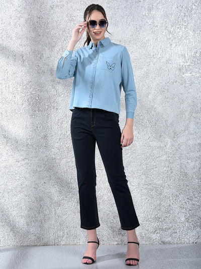 Blue Embroidered 100% Cotton Denim Shirt