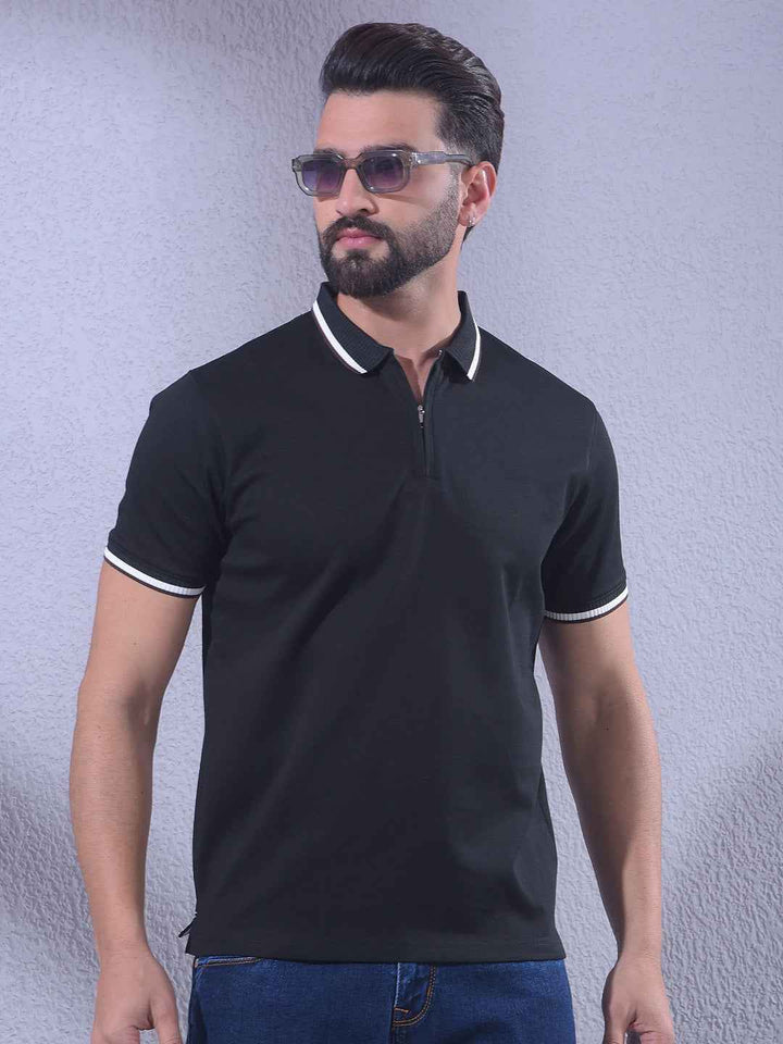 Sharp Black Pique Zipper Polo T-Shirt