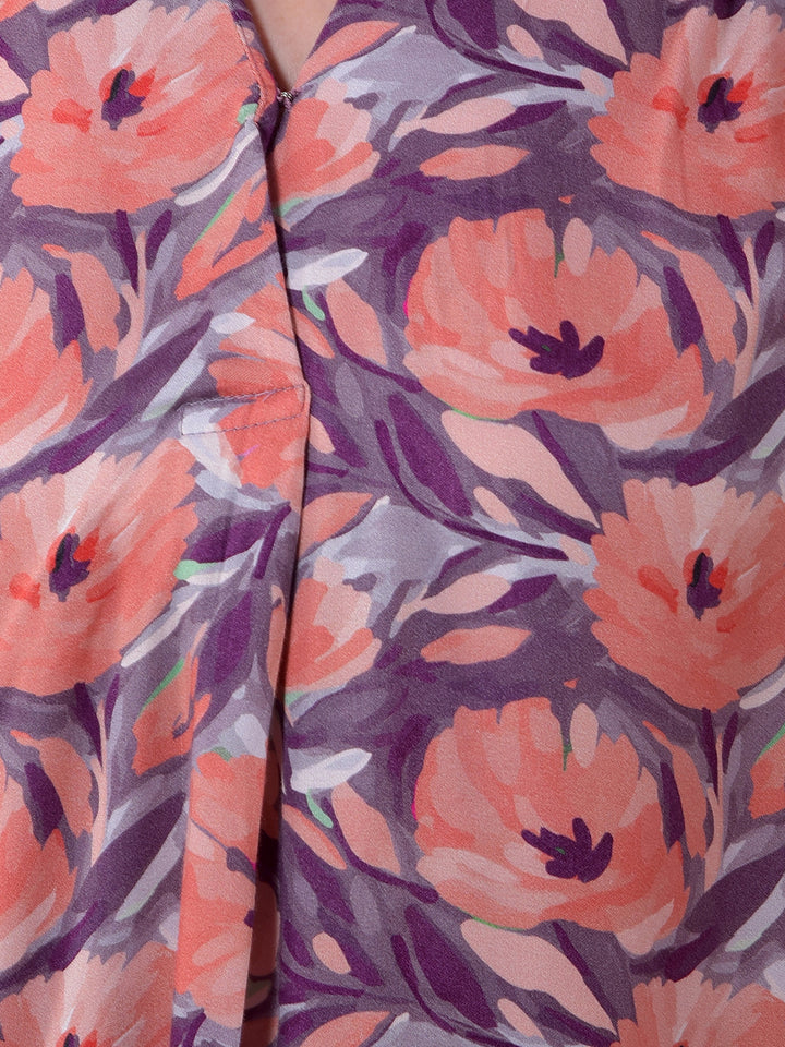 Purple Floral Print V-Neck Top