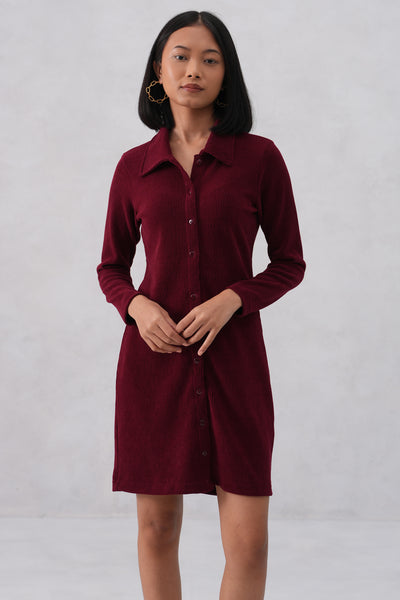 Maroon Textured Winter Mini Shirt-Dress