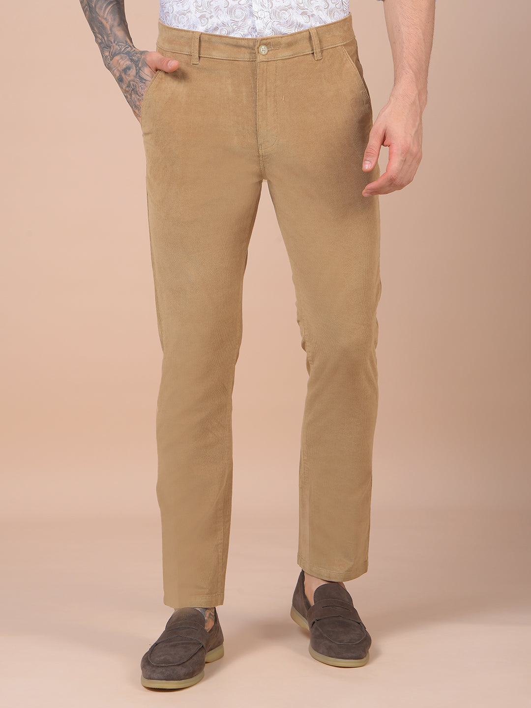Khaki Printed Corduroy Trousers
