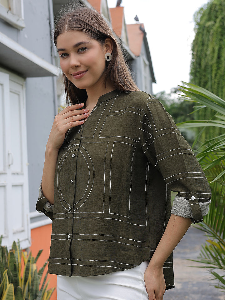Olive Graphic Print V-Neck Shirt