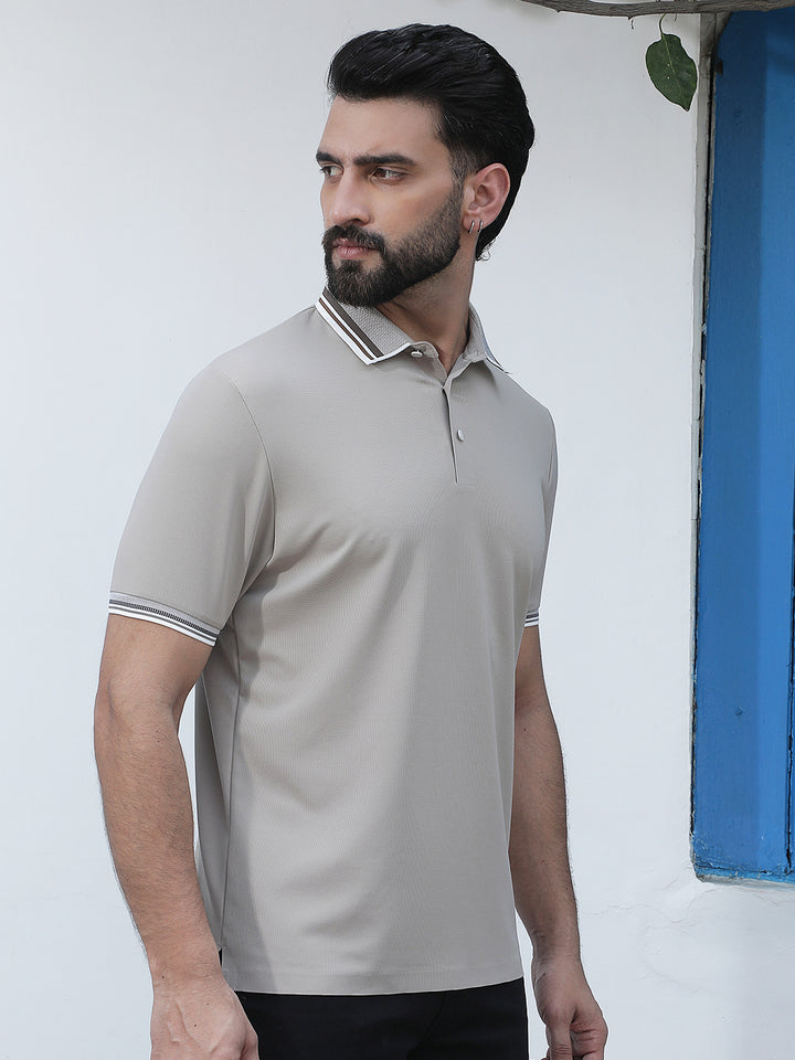 Beige Polo Neck Knitted T-Shirt
