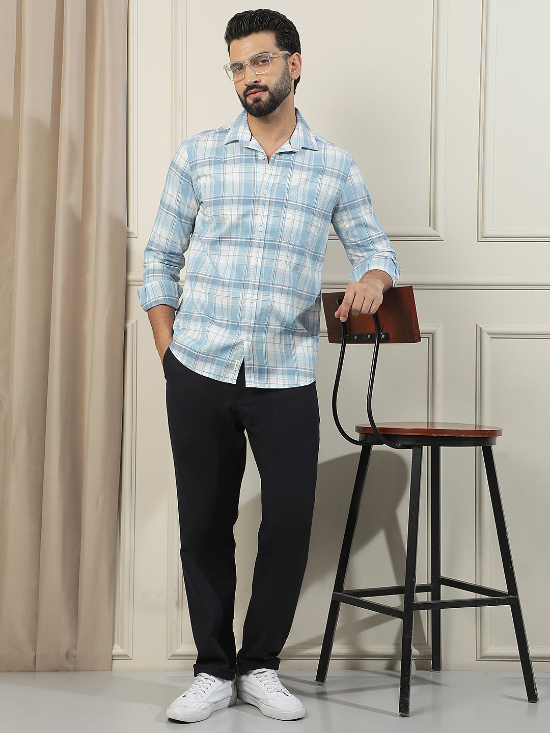 Navy Blue Cotton Stretchable Dobby Trousers