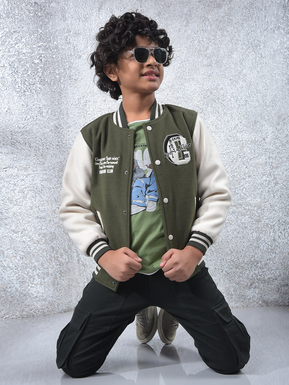 Olive Color-Block Varsity Jacket