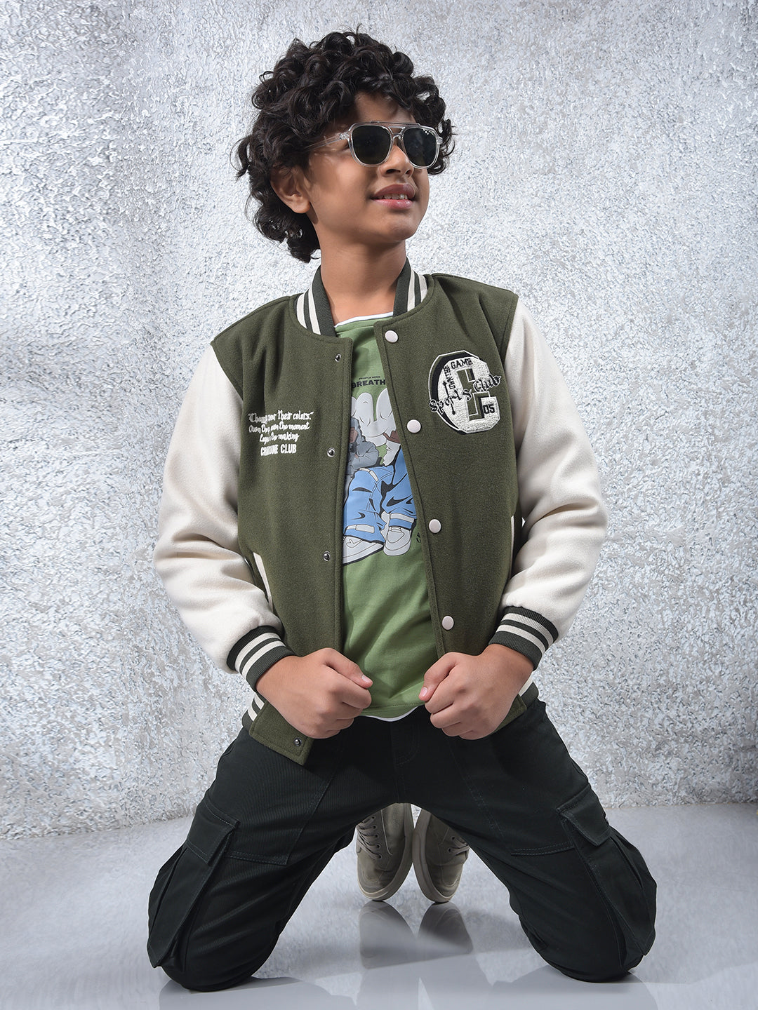 Olive Color-Block Varsity Jacket