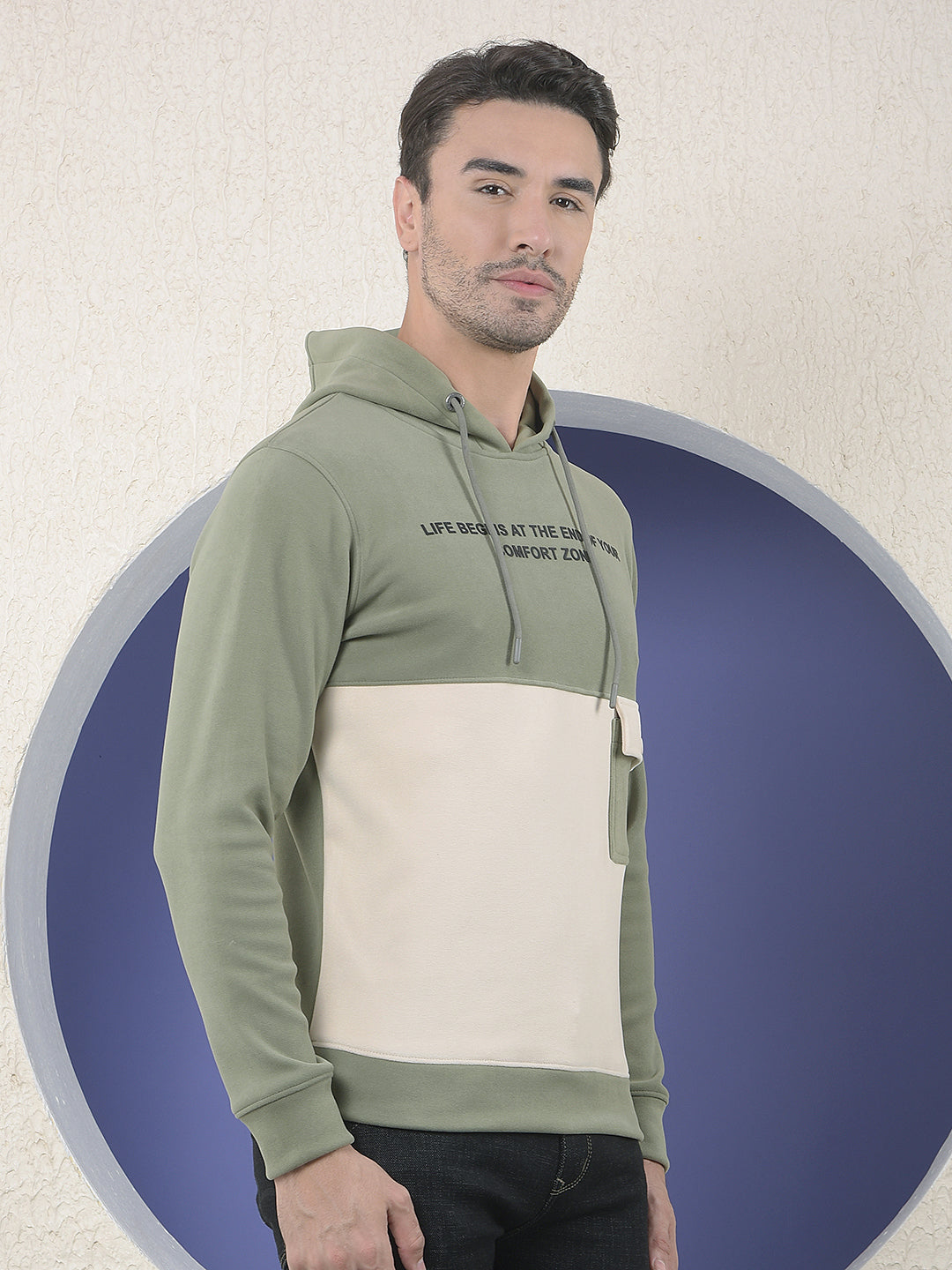 Olive Colourblocked Hooded Sweatshirt With Slogan Printed