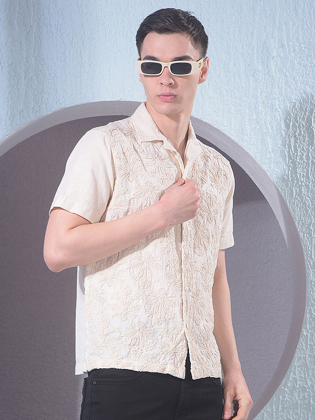 Beige Embroidered Linen Shirt