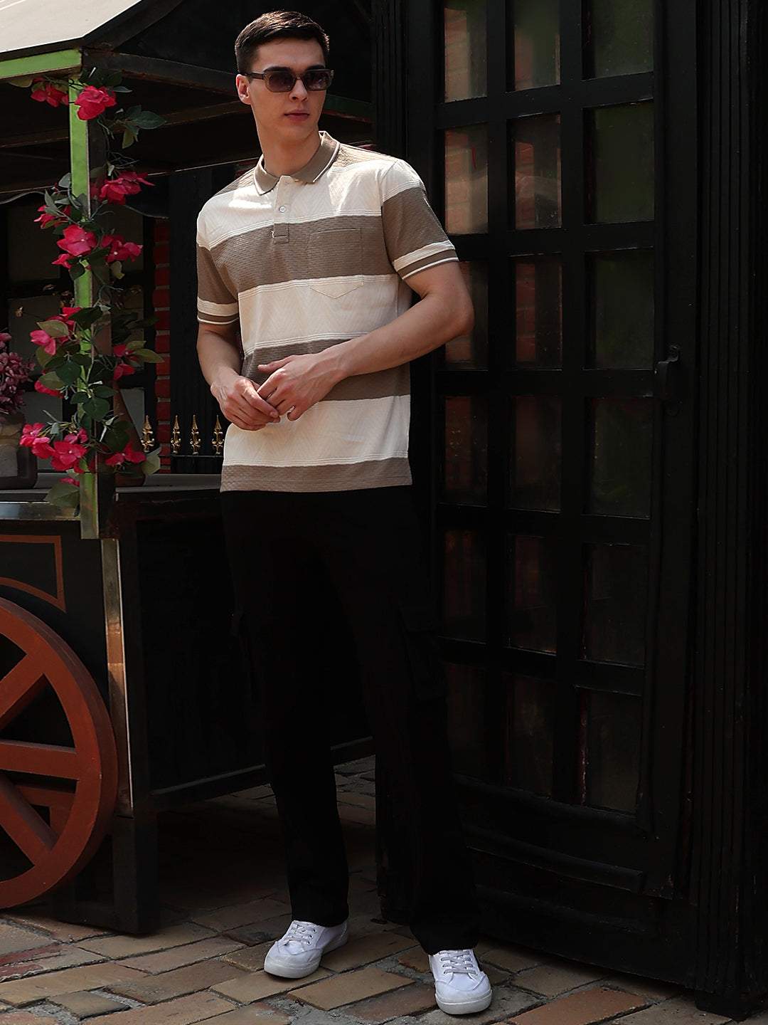 Beige Horizontal Striped Polo Neck T-Shirt