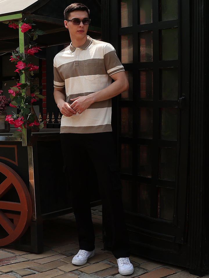 Beige Horizontal Striped Polo Neck T-Shirt