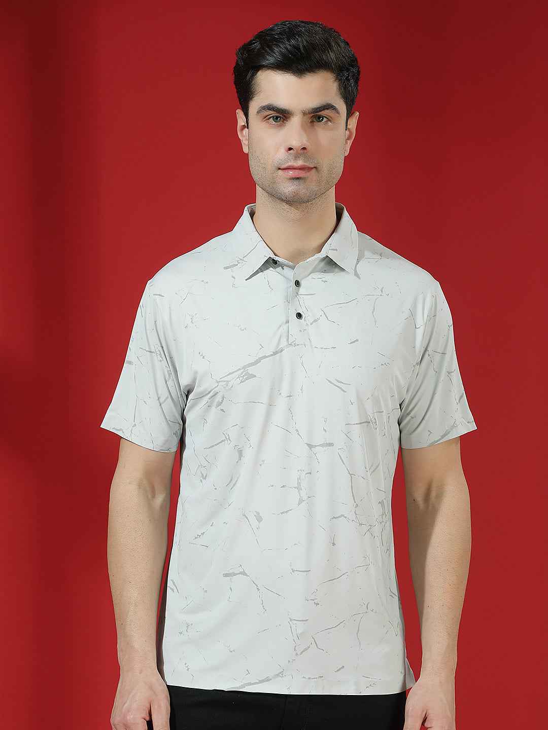 Grey Marble Print Polo T-Shirt