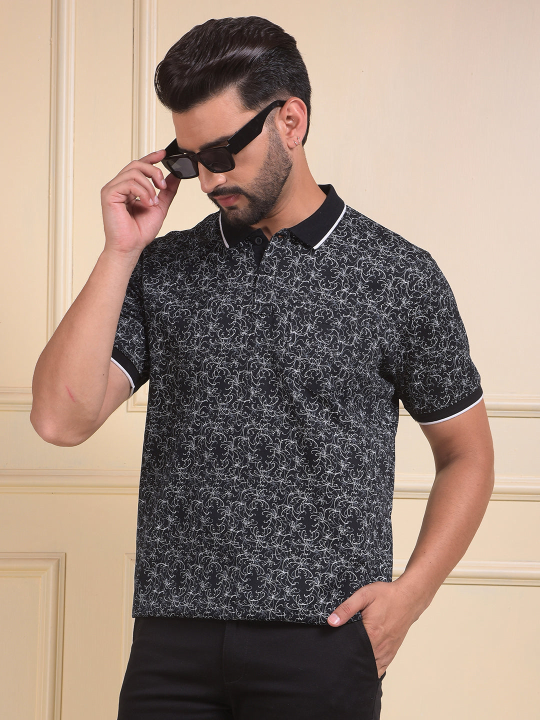 Black Printed Polo Neck T-Shirt