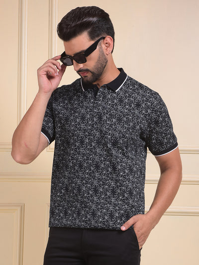 Black Printed Polo Neck T-Shirt