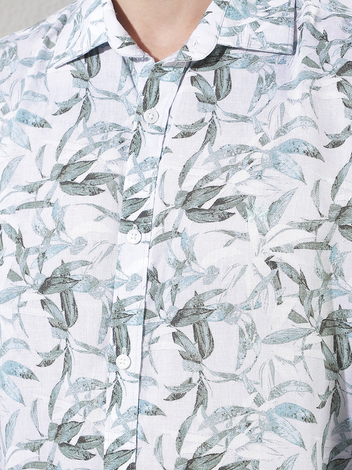 Green Botanical Print Linen Shirt