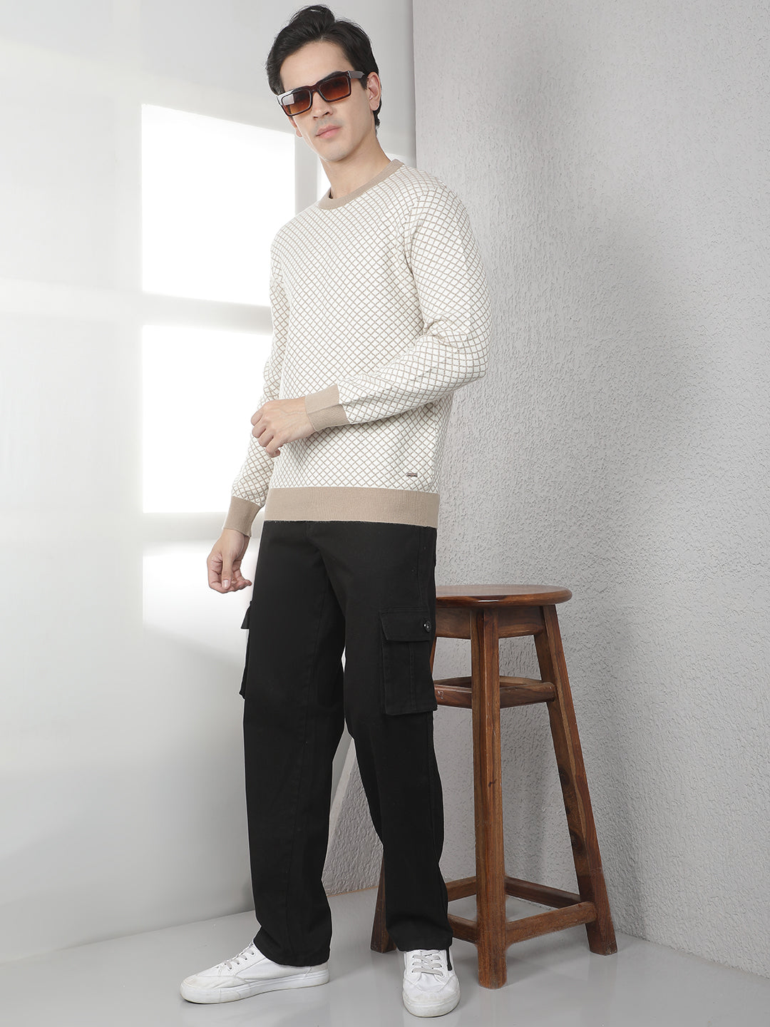 Beige Geometric Print Round Neck Sweater