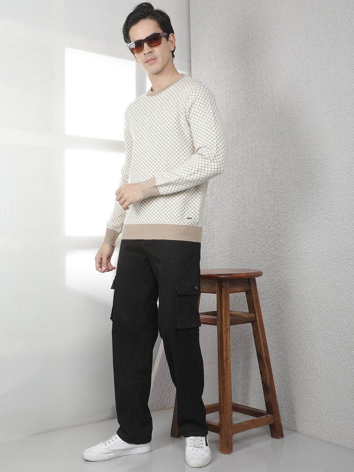Beige Geometric Print Round Neck Sweater