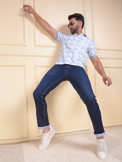 Blue Floral Print Polo Neck T-Shirt