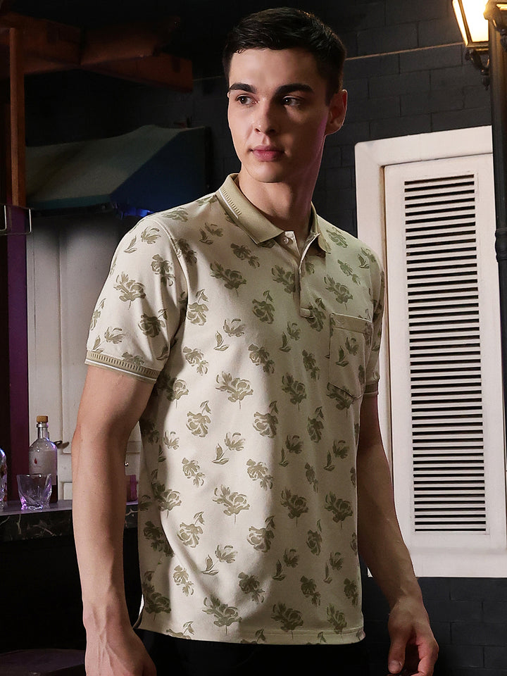 Beige Floral Print Polo Neck T-Shirt