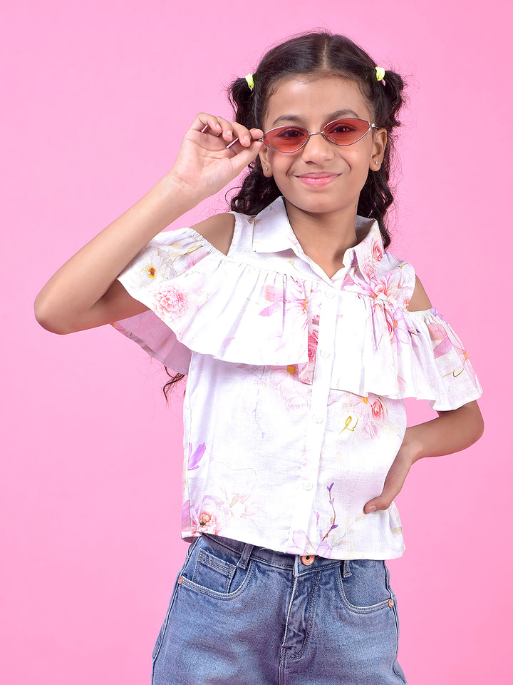 Peach Floral Print Linen Top
