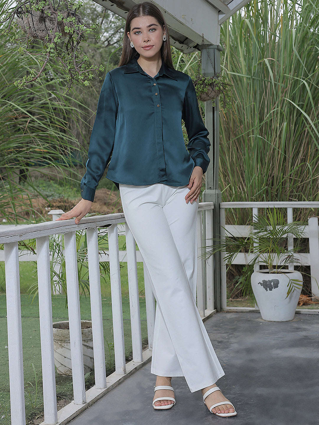 Structured Olive Green Satin Shirt